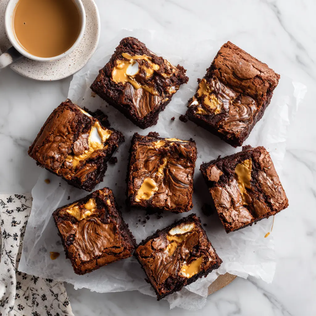 A close-up shot of a single peanut butter swirl brownie, highlighting the gooey texture of the marshmallow and the fudgy brownie crumb.