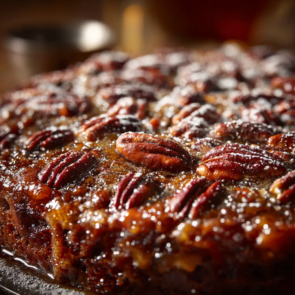 Pecan Pie Dump Cake: The Easiest, Most Delicious Holiday Dessert 1 An overhead view of the golden-brown, crispy topping of the easy Pecan Pie Dump Cake after baking.