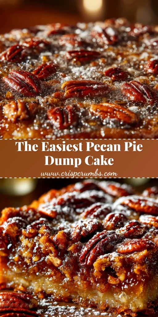 Pecan Pie Dump Cake: The Easiest, Most Delicious Holiday Dessert 4 A slice of delicious Pecan Pie Dump Cake on a white plate, showing the gooey pecan filling and the crispy, golden-brown topping. A fork is resting next to the slice.