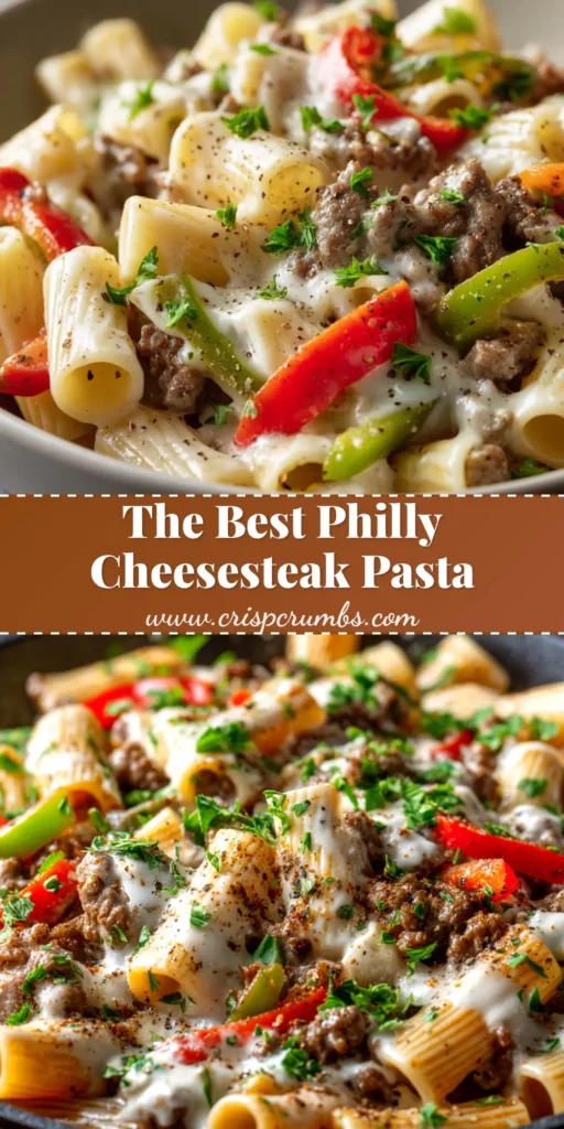 A large white bowl filled with creamy Philly Cheese Steak Pasta, topped with fresh parsley. The pasta is mixed with beef, peppers, and a rich cheese sauce.