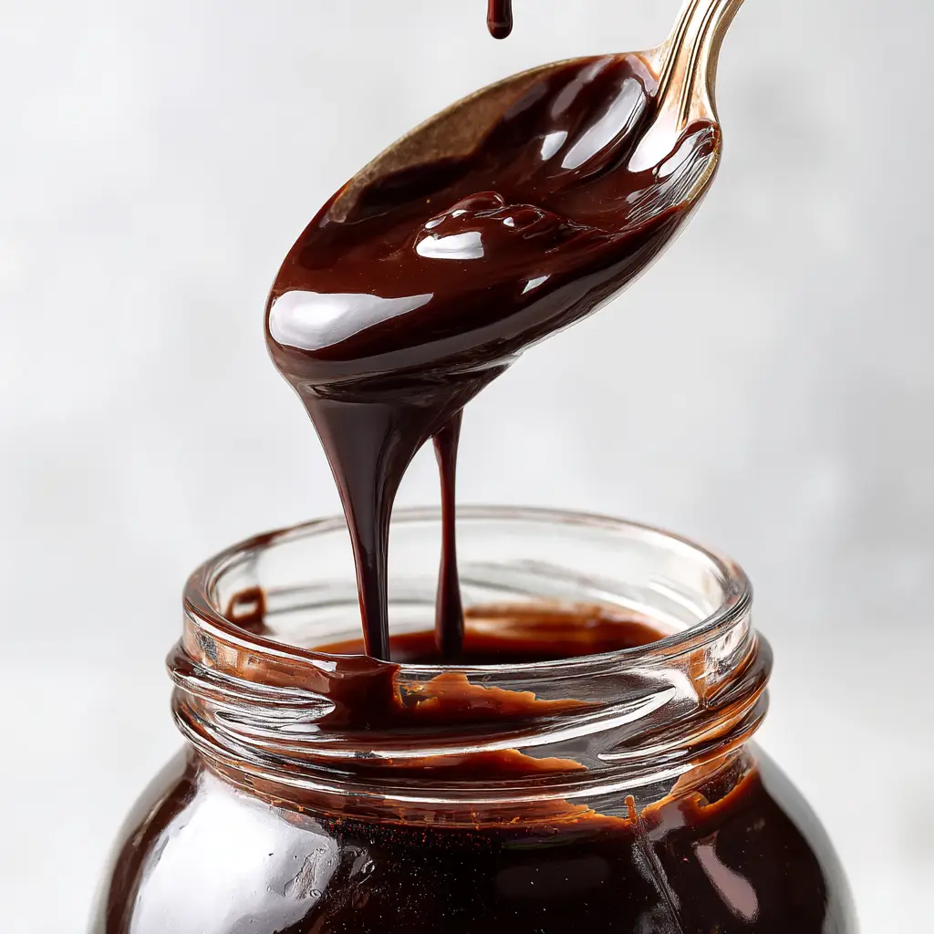 Homemade Chocolate Syrup (5-Minute Recipe!) 1 A close-up of rich, dark chocolate topping being poured from a jar, highlighting its perfect, silky texture.