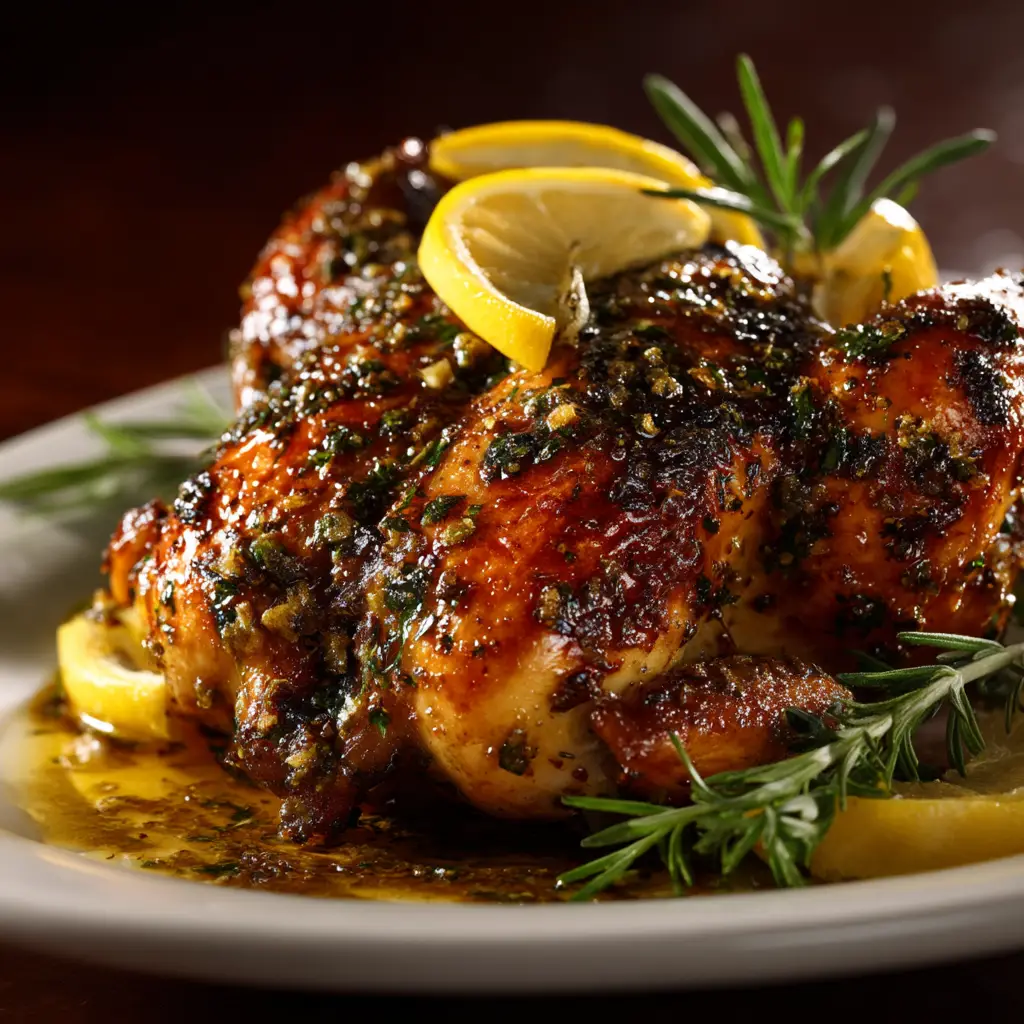 A perfectly roasted Cornish game hen glistening under bright lighting, ready to be served for a special dinner.