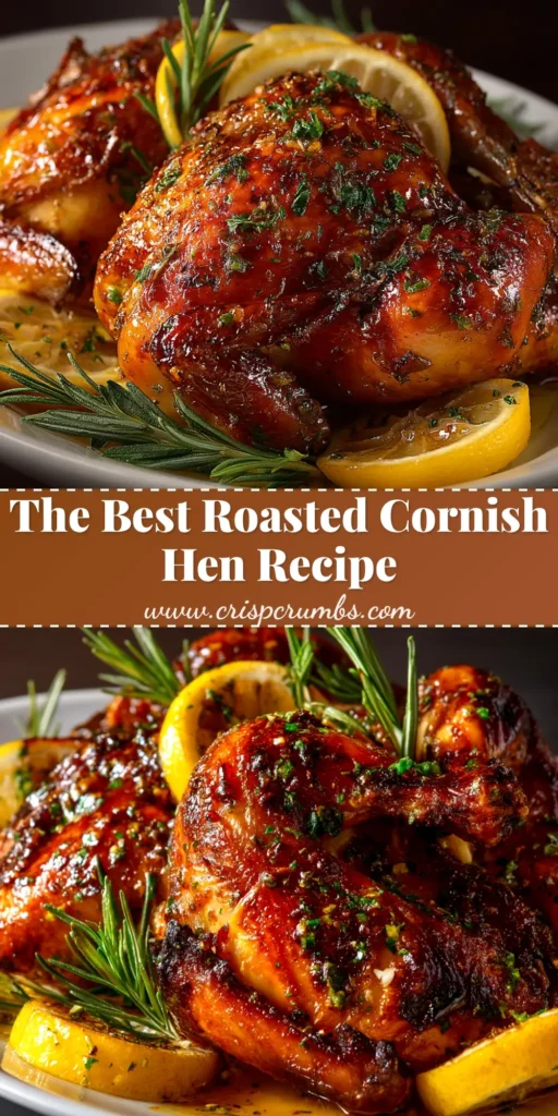A perfectly golden-brown Roasted Cornish Hen Recipe on a platter, garnished with fresh rosemary and lemon slices. The skin is visibly crispy and delicious.
