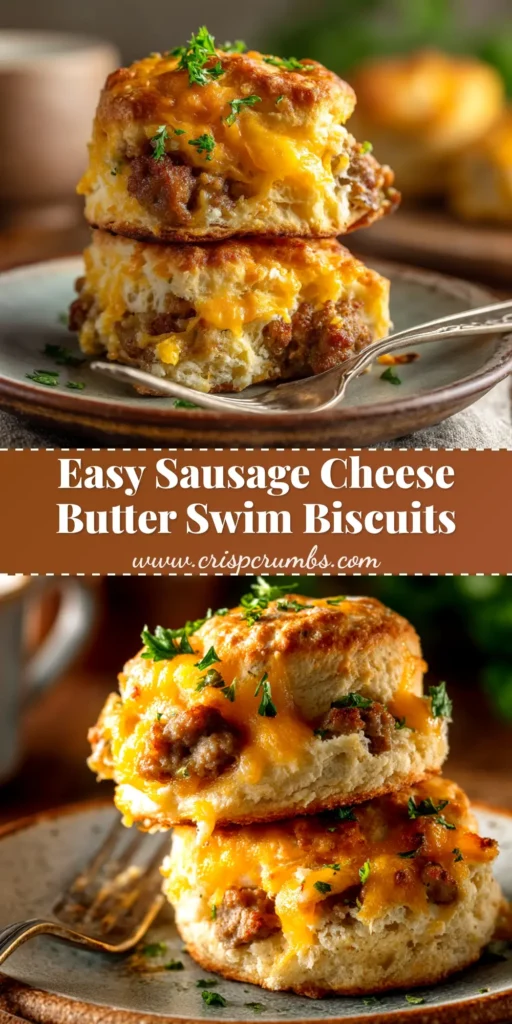 A batch of golden brown, fluffy sausage and cheese biscuits on a baking sheet, ready to be served. The perfect easy and savory breakfast recipe.