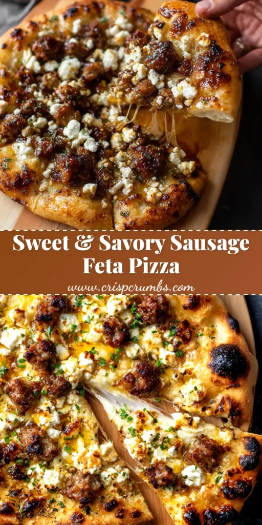 A full overhead shot of a freshly baked Sausage Feta Honey Pizza, sliced and ready to serve. The pizza is drizzled with honey, showcasing the savory sausage and melted feta.