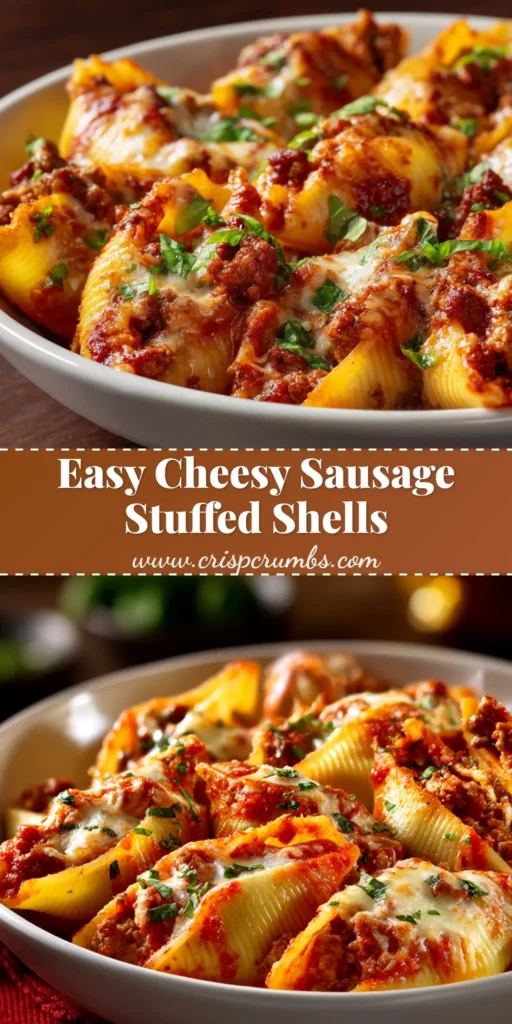 A close-up of cheesy sausage stuffed shells in a baking dish, topped with fresh parsley. The perfect comfort food recipe.
