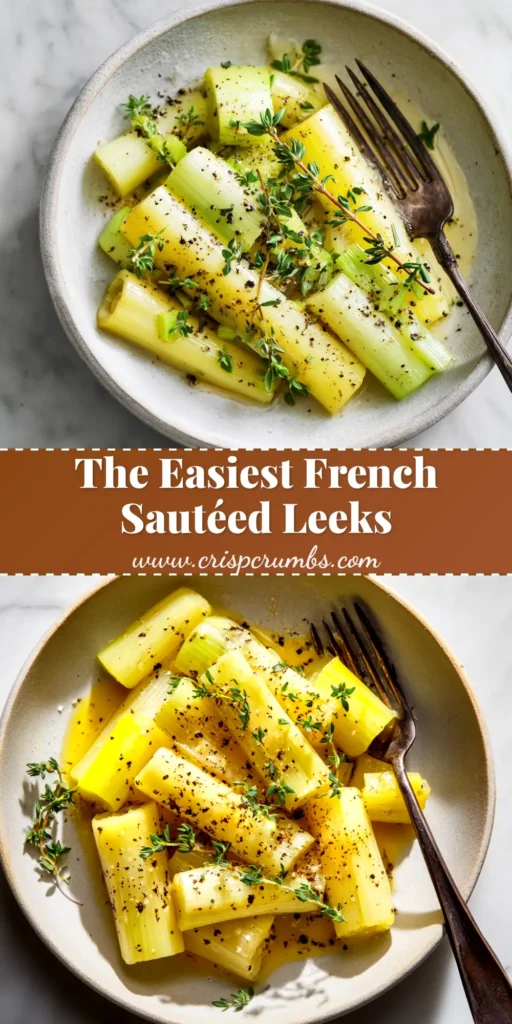 Sautéed Leeks: The Ultimate Guide to Buttery, Tender Perfection 4 A close-up overhead shot of buttery sautéed leeks in a rustic pan, ready to be served. The pin text reads 'Easy Sautéed Leeks - The Perfect Side Dish'.