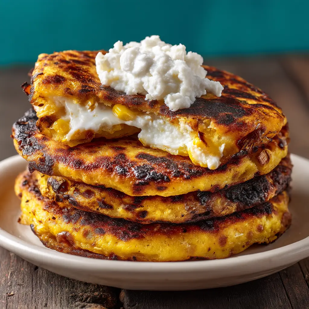 Cachapas Recipe (The Ultimate Guide to Venezuelan Corn Pancakes) 1 A final plated cachapa, folded in half with melted cheese visible, served hot and ready to eat.
