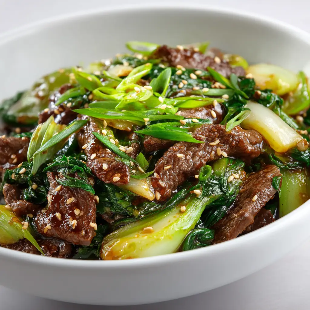 A side view of the beef and bok choy stir fry being served over fluffy white rice in a bowl, showing the complete, balanced meal.