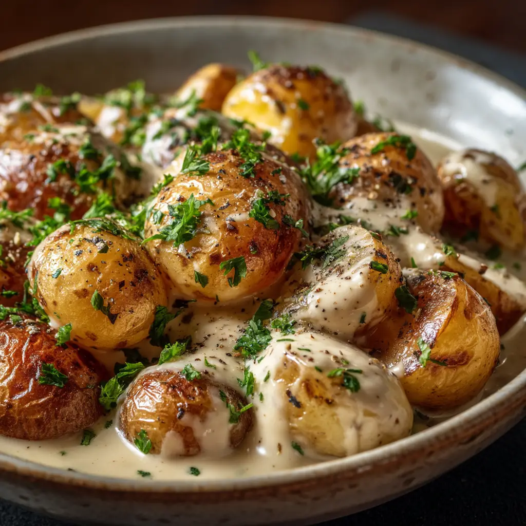 A spoonful of creamy baby potatoes being lifted from a serving dish, showing the tender potatoes and the rich sauce.