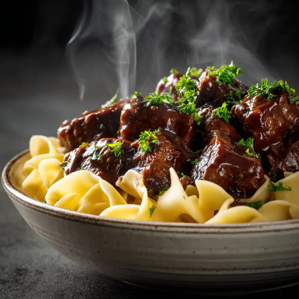 A spoonful of crockpot beef tips and noodles being lifted from a bowl, with the creamy gravy clinging to the egg noodles. This shows the final, delicious result of the recipe.