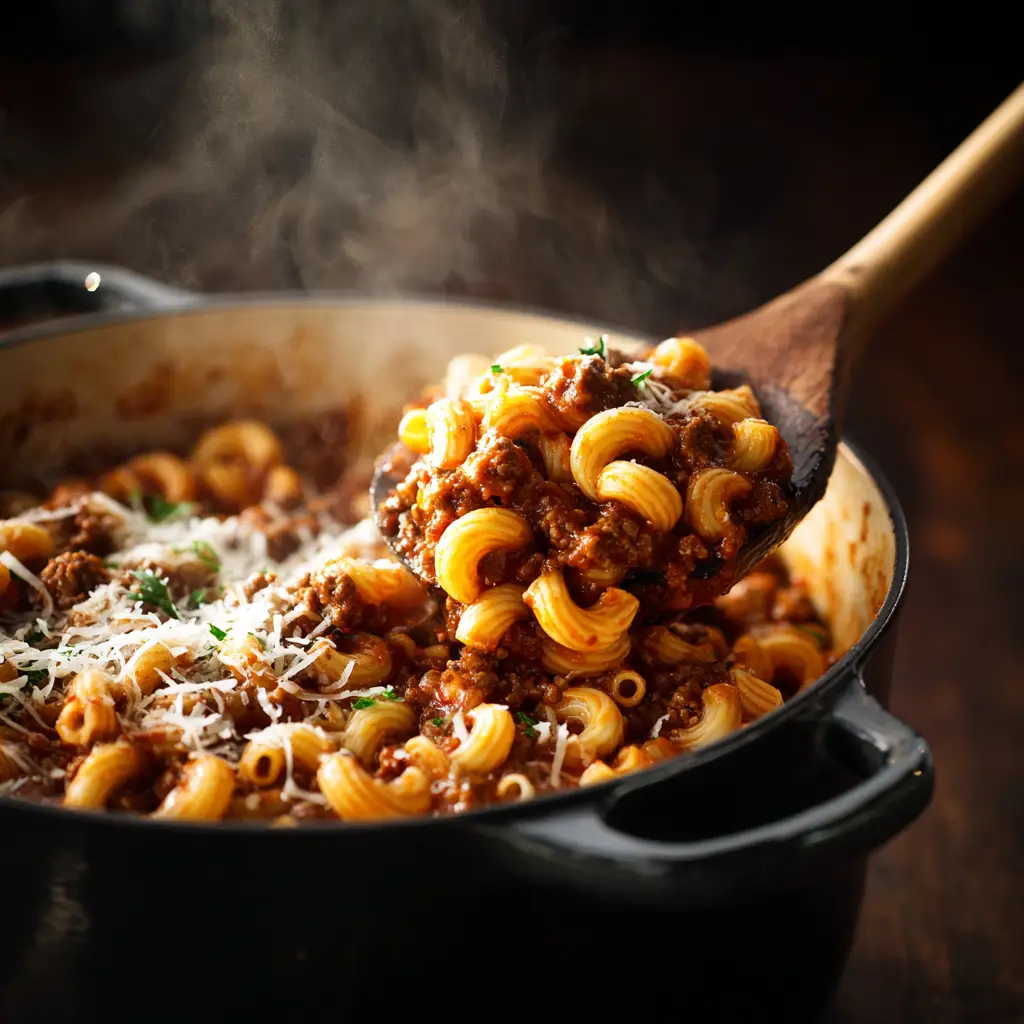 Easy Goulash Recipe (The Best One-Pot Comfort Food) 1 A spoonful of the easy goulash recipe, showing the rich tomato sauce, ground beef, and macaroni pasta.