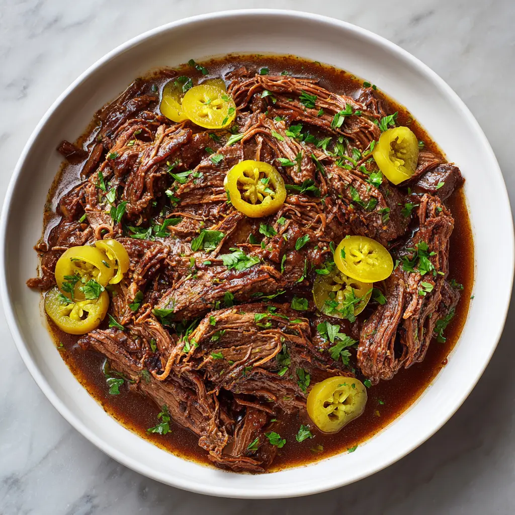 Mississippi Pot Roast (The Easiest, Most Flavorful Pot Roast Ever) 1 Mississippi pot roast being served over creamy mashed potatoes, showcasing the perfect comfort food meal with its savory pepperoncini gravy.