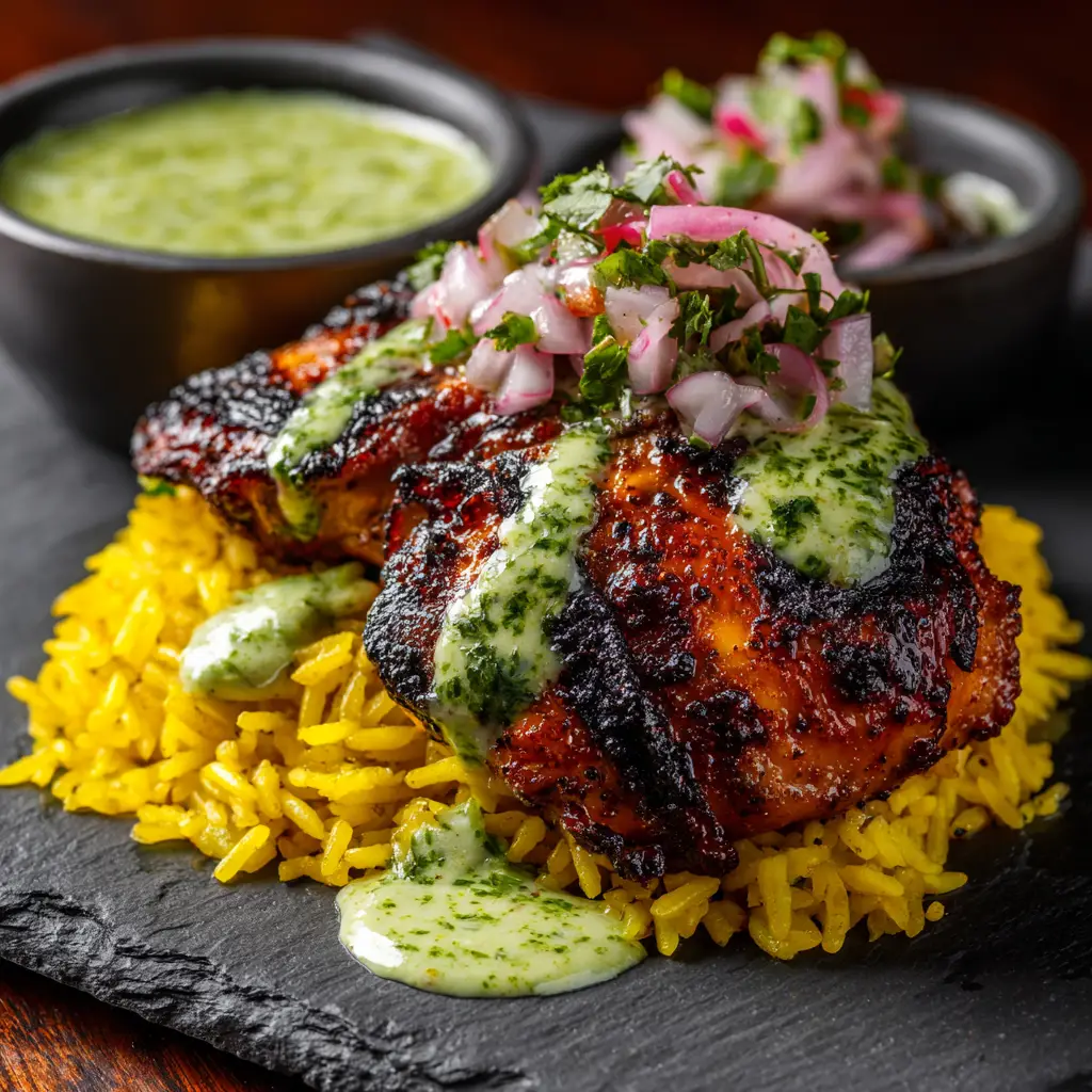 Peruvian Chicken and Rice: An Authentic One-Pot Meal 1 A perfectly seared chicken thigh resting on a bed of fluffy Peruvian chicken and rice, ready to be served.