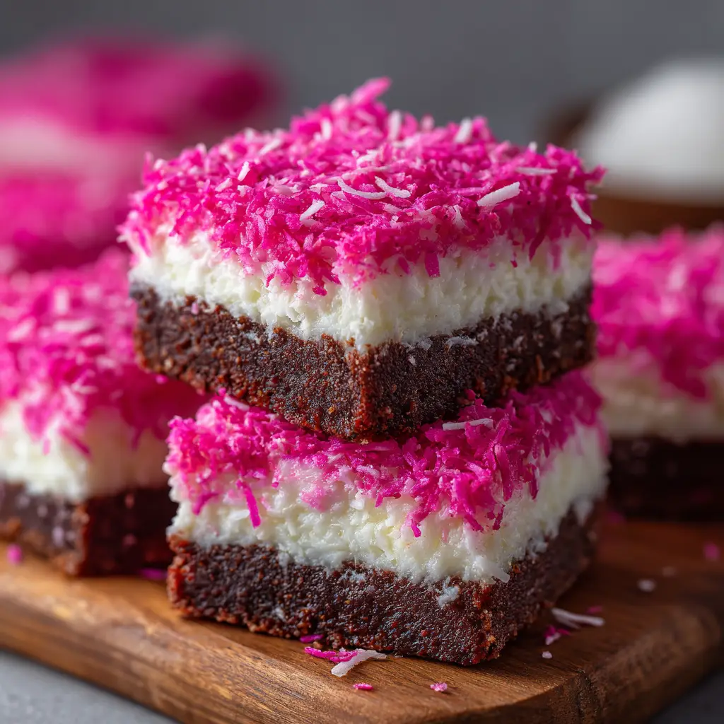 A lifestyle shot of Pink Coconut Snowball Cake Bars being served at a party, showing how beautiful and festive they look.