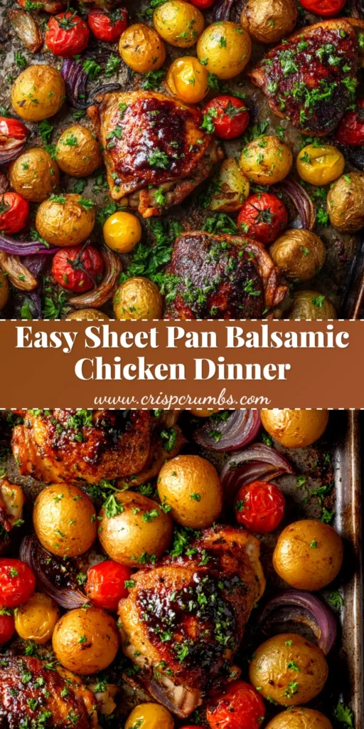 Sheet Pan Balsamic Chicken (The Ultimate Easy Recipe) 4 A top-down view of a delicious Sheet Pan Balsamic Chicken with roasted broccoli, red onions, and bell peppers, showcasing a rich glaze.
