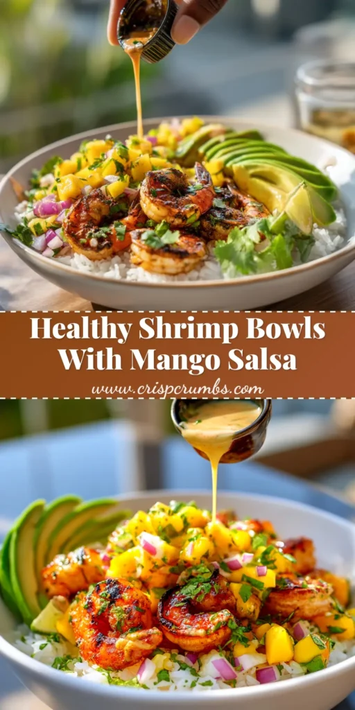 A vibrant and healthy Shrimp and Avocado Bowl with cilantro lime shrimp, fresh corn, tomatoes, and quinoa, ready to be eaten.