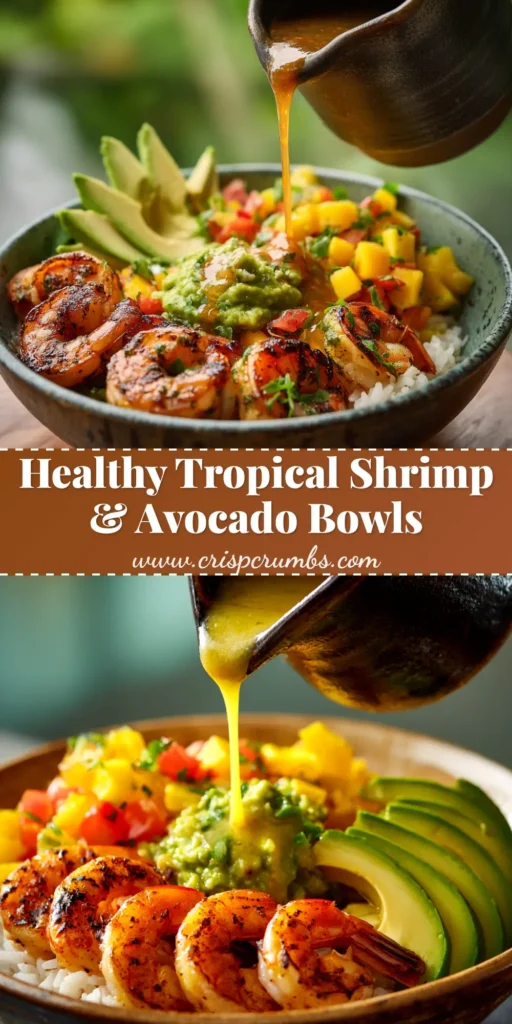 An overhead shot of two Shrimp and Avocado Bowls with quinoa, tomatoes, and a creamy cilantro lime dressing. The perfect healthy and easy recipe idea for lunch or dinner.