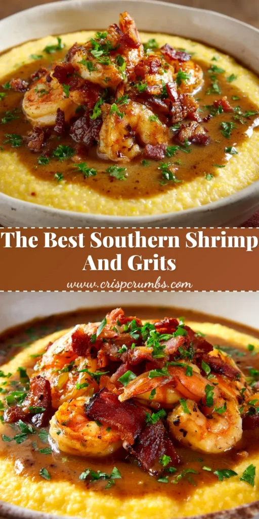 Shrimp and Grits Recipe (The Ultimate Southern Classic) 4 A close-up overhead shot of a white bowl filled with a creamy shrimp and grits recipe, garnished with fresh herbs. The perfect southern comfort food.