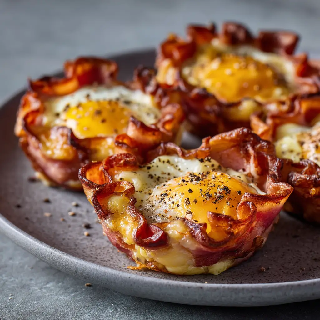 A single ham and egg cup on a plate, garnished with fresh green onions, showcasing the perfect individual serving.