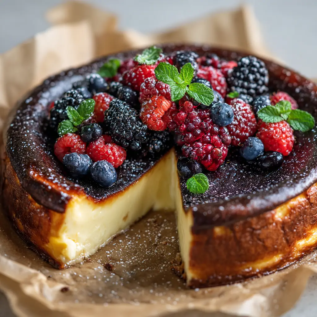 Citrus Berry Burnt Cheesecake: A Recipe for Perfection 1 A perfect slice of Citrus Berry Burnt Cheesecake on a white plate, revealing its creamy, light interior contrasted with the dark crust.