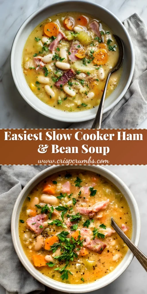 A top-down view of a white bowl filled with hearty slow cooker ham and bean soup, garnished with fresh parsley. A piece of crusty bread rests on the side. The perfect comfort food.