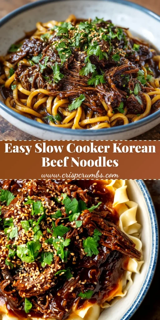 A top-down view of a white bowl filled with Slow Cooker Korean Beef Noodles, garnished with sesame seeds and green onions. The tender beef and noodles are coated in a rich, dark sauce.