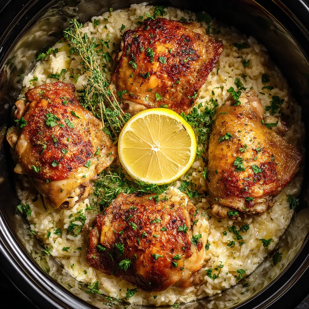 Slow Cooker Lemon Herb Chicken (The Easiest, Juiciest Recipe!) 1 A serving of tender slow cooker lemon garlic chicken on a plate next to roasted potatoes and fresh greens.