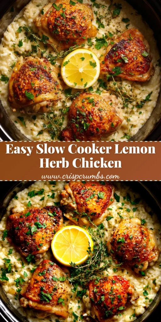 Slow Cooker Lemon Herb Chicken (The Easiest, Juiciest Recipe!) 3 A beautiful platter of Slow Cooker Lemon Herb Chicken, garnished with fresh lemon slices and rosemary sprigs. The chicken is golden brown and juicy.