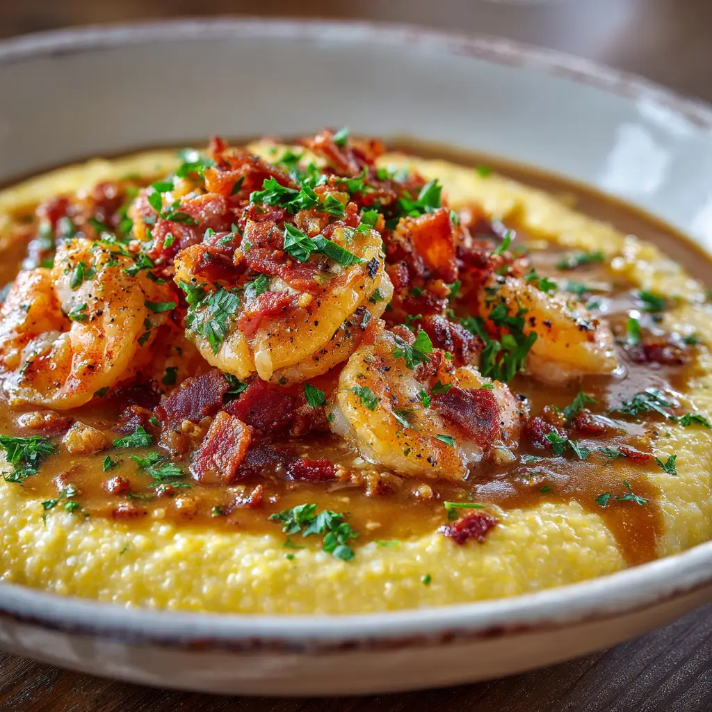 Shrimp and Grits Recipe (The Ultimate Southern Classic) 1 A rustic white bowl of the finished shrimp and grits recipe, ready to be served. The dish is garnished with fresh parsley, emphasizing its freshness.