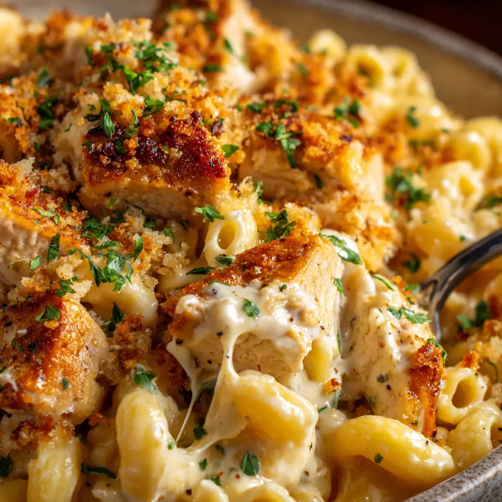 Cajun Chicken Mac and Cheese: The Creamiest, Dreamiest Recipe 1 A fork lifting a mouthful of spicy chicken mac and cheese from a bowl, showcasing the cheesy pull and tender chicken.