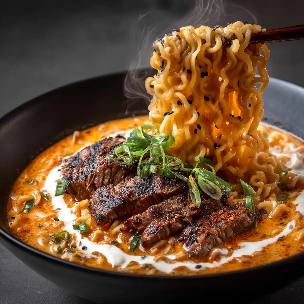 Spicy Korean Ramen: The Ultimate 20-Minute Recipe 1 A finished bowl of Spicy Korean Ramen topped with a jammy soft-boiled egg, fresh green onions, and a sprinkle of sesame seeds.