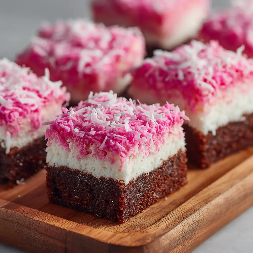 Pink Coconut Snowball Cake Bars (The Easiest Recipe!) 1 A stack of pink dessert bars covered in coconut, illustrating an easy party dessert that can be made ahead of time.