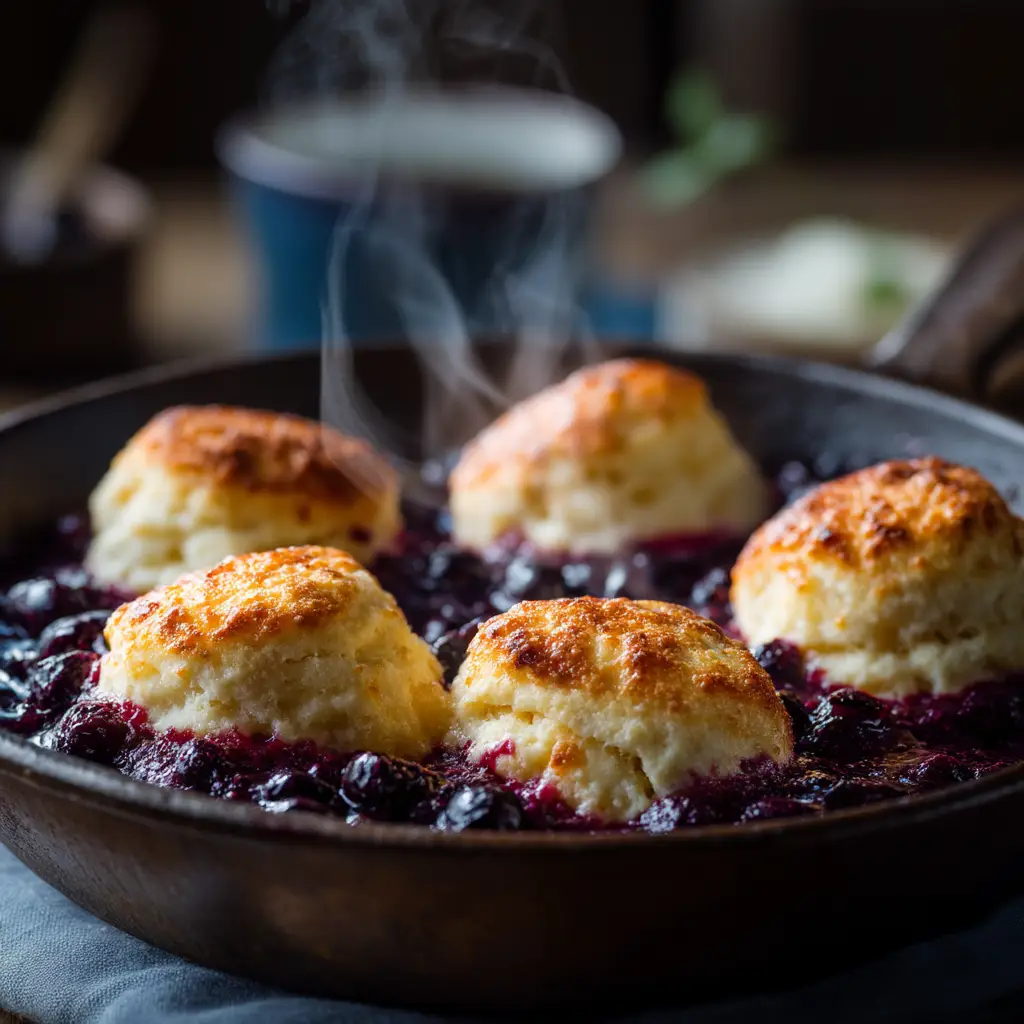 A stack of two blueberry butter swim biscuits on a plate, emphasizing their height and fluffy crumb structure.