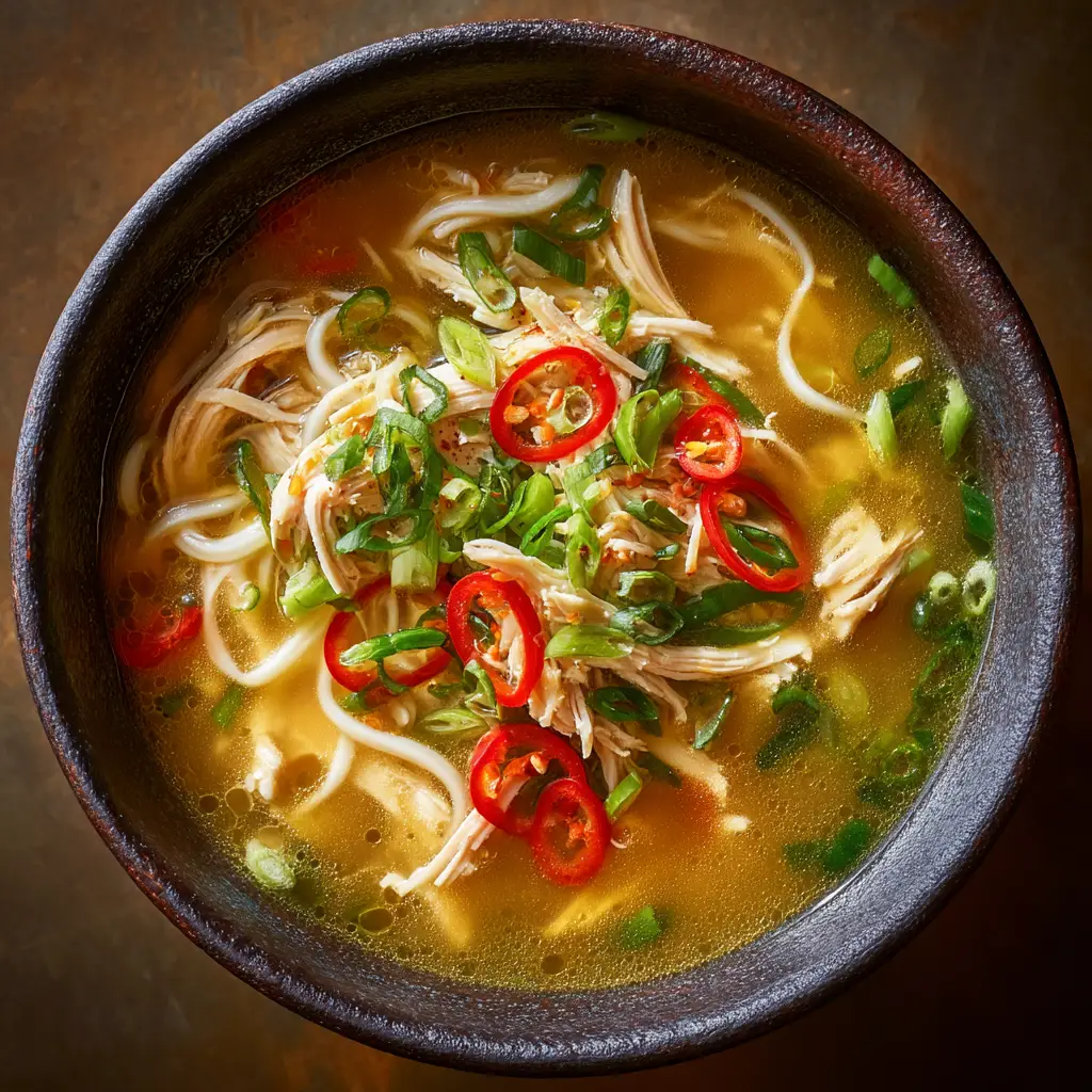 Ginger Garlic Chicken Noodle Soup: The Ultimate Comfort Bowl 1 A second angle of the ginger garlic chicken noodle soup, with steam rising from the bowl and fresh parsley garnish visible.