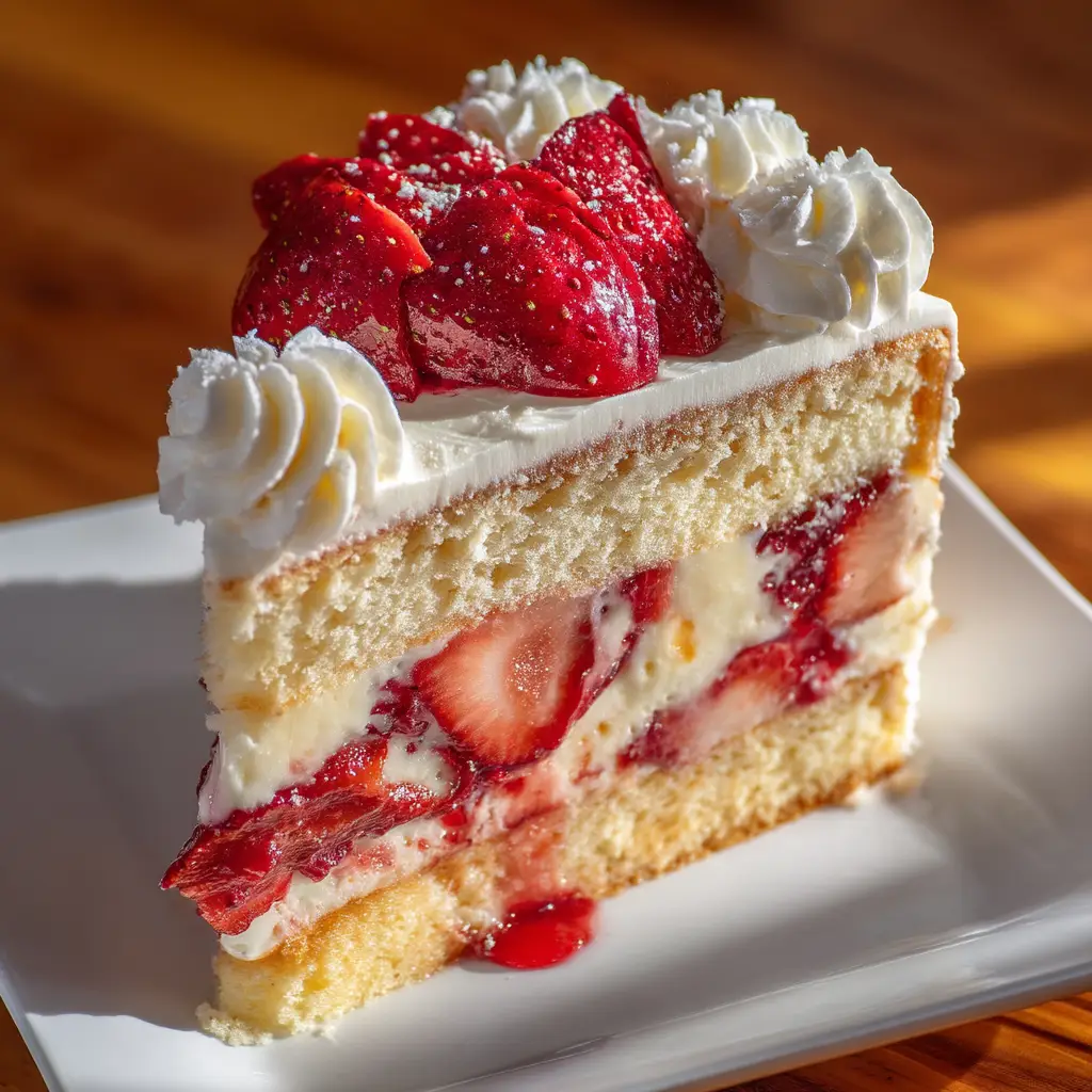 A close-up shot of the fresh strawberry topping on the custard cake, showcasing the texture and vibrant red color of the berries.