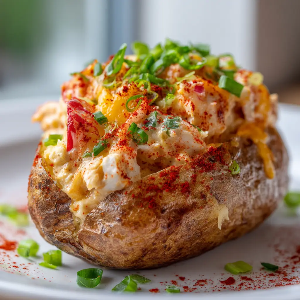 A close-up view of a baked potato being stuffed with a generous portion of the Cajun shrimp and crab mixture before the final bake.