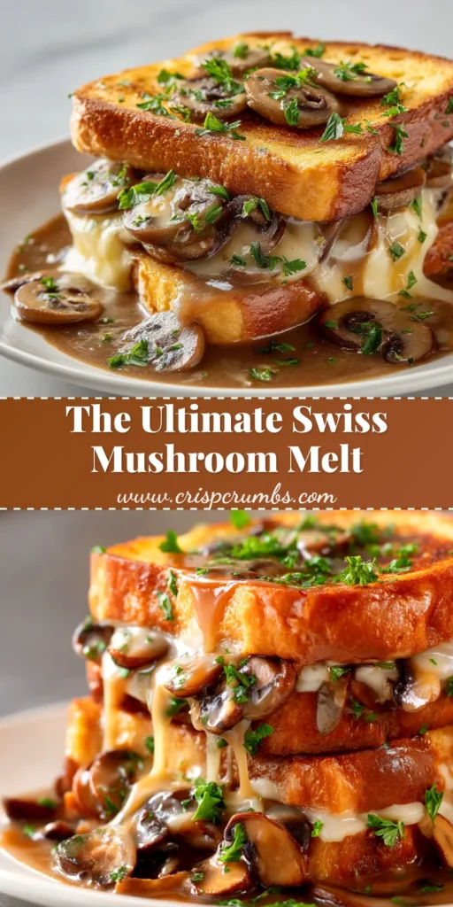 Swiss Mushroom Melt: The Ultimate Gooey, Garlicky Recipe 3 A delicious, gooey Swiss mushroom melt sandwich cut in half on a wooden board, showcasing the melted cheese and sautéed mushrooms. This image is for a Pinterest pin.