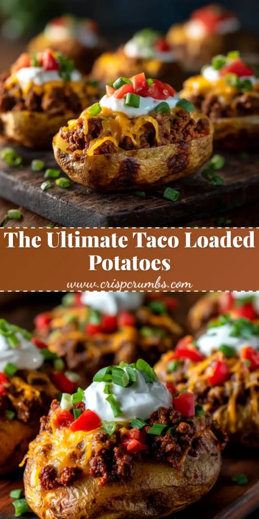 Taco Loaded Baked Potatoes: The Ultimate Weeknight Dinner 3 A delicious overhead shot of four Taco Loaded Baked Potatoes on a platter, generously topped with seasoned ground beef, melted cheese, sour cream, and fresh tomatoes. A perfect, easy weeknight dinner recipe.