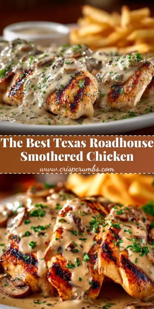 A delicious platter of Texas Roadhouse Smothered Chicken, featuring a juicy grilled chicken breast covered in sautéed mushrooms, onions, and melted cheese, ready to be served.