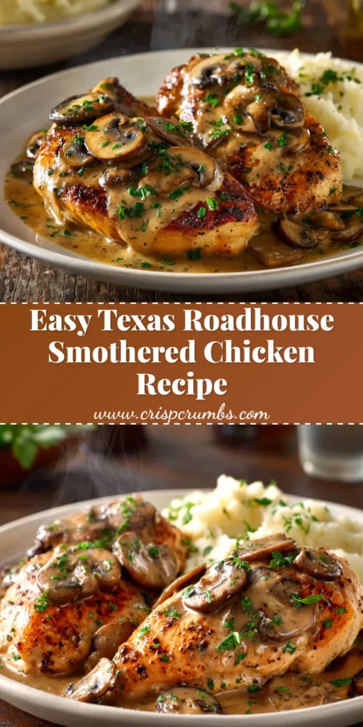 An overhead shot of the finished Texas Roadhouse Smothered Chicken on a white plate, showing the melted cheese over mushrooms and onions.