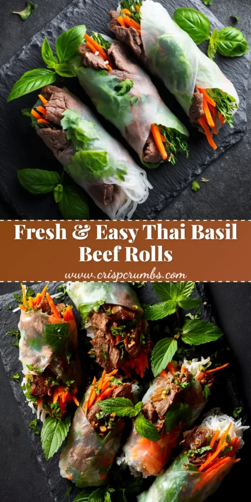 Thai Basil Beef Rolls (Fresh & Easy Recipe) 3 A platter of fresh Thai Basil Beef Rolls, perfectly wrapped and served with a creamy peanut dipping sauce.