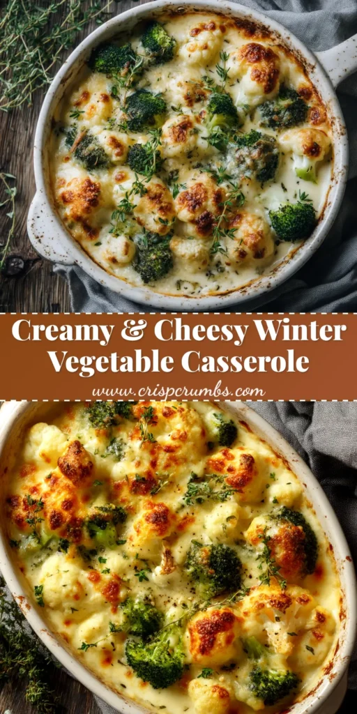 Winter Vegetable Casserole: A Creamy & Hearty Bake 3 A beautiful overhead shot of a creamy winter vegetable casserole in a white baking dish, ready to be pinned. The casserole is golden brown and bubbling, showcasing hearty root vegetables in a rich cheese sauce.