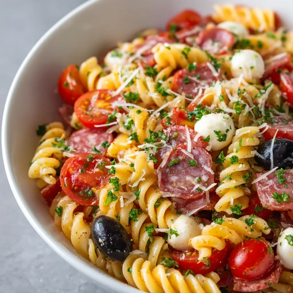 A close-up view of the cold pasta salad with Italian dressing, showing the details of the rotini pasta, black olives, and cherry tomatoes.