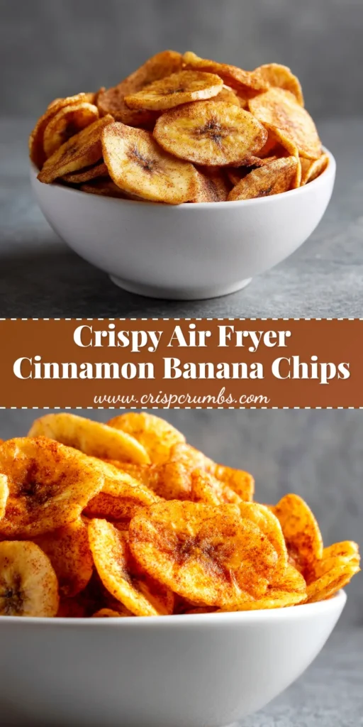 A top-down view of crispy, golden brown air fryer banana chips sprinkled with cinnamon, presented in a white bowl. The ultimate healthy homemade snack.