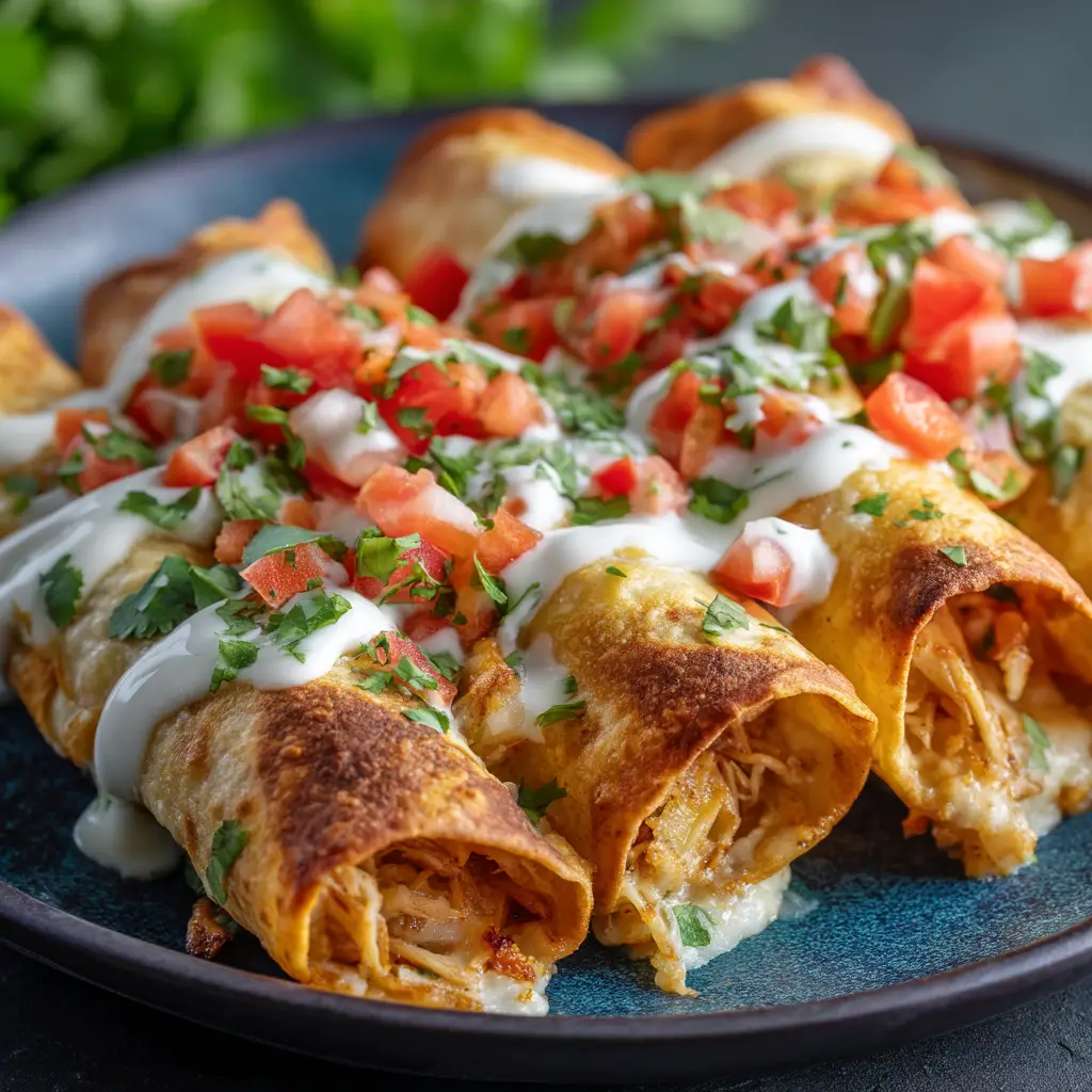 Baked Cream Cheese Chicken Taquitos (The Crispiest, Easiest Recipe!) 1 A hand rolling a flour tortilla with the creamy chicken and cheese filling for the baked taquitos.