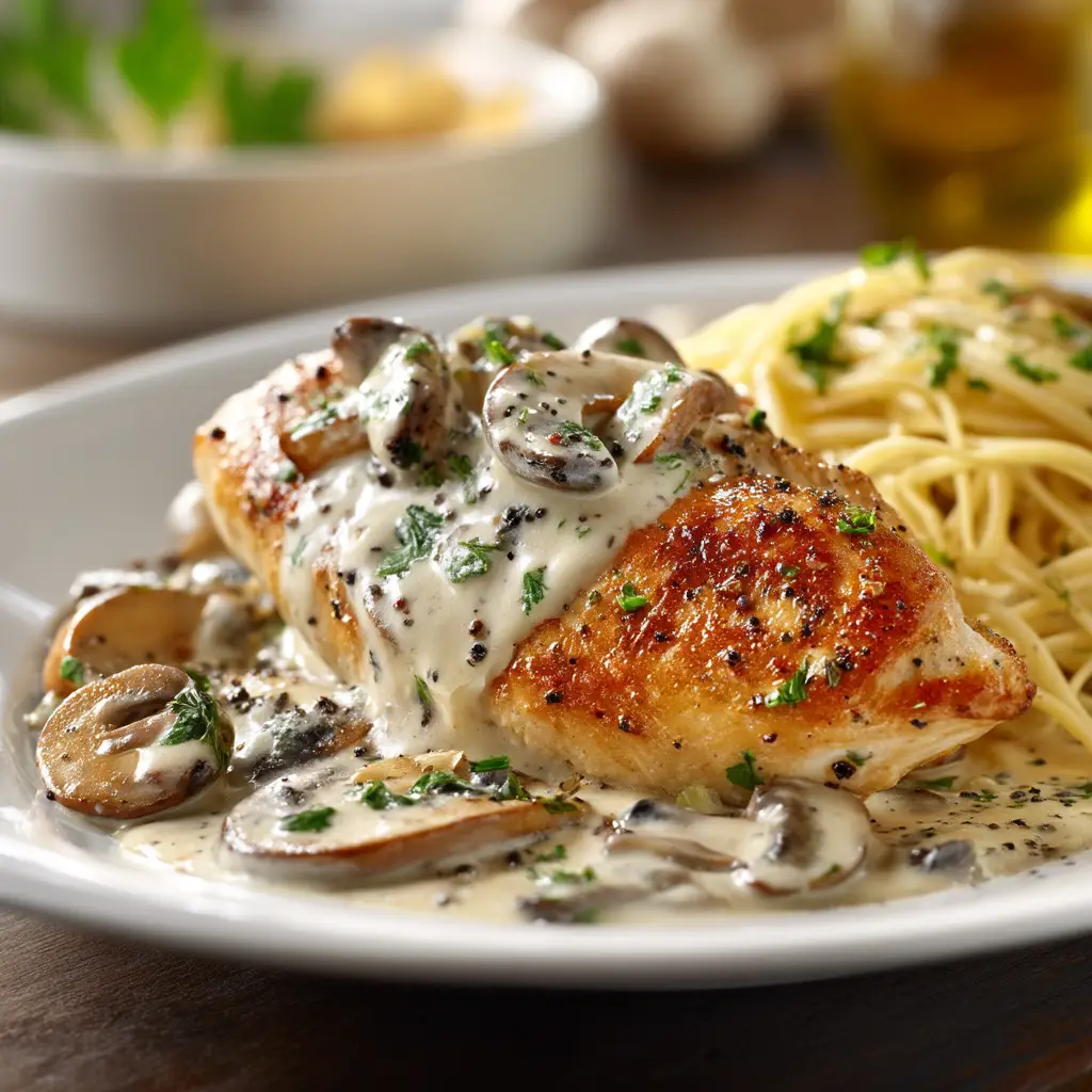 Assembling the Texas Roadhouse Smothered Chicken with sautéed onions and mushrooms layered on top of the chicken breasts in a skillet.