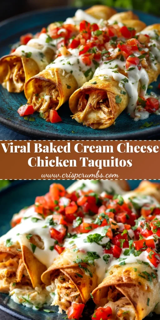 Baked Cream Cheese Chicken Taquitos (The Crispiest, Easiest Recipe!) 3 A shareable pin image of crispy Baked Cream Cheese Chicken Taquitos arranged on a plate with dipping sauces.