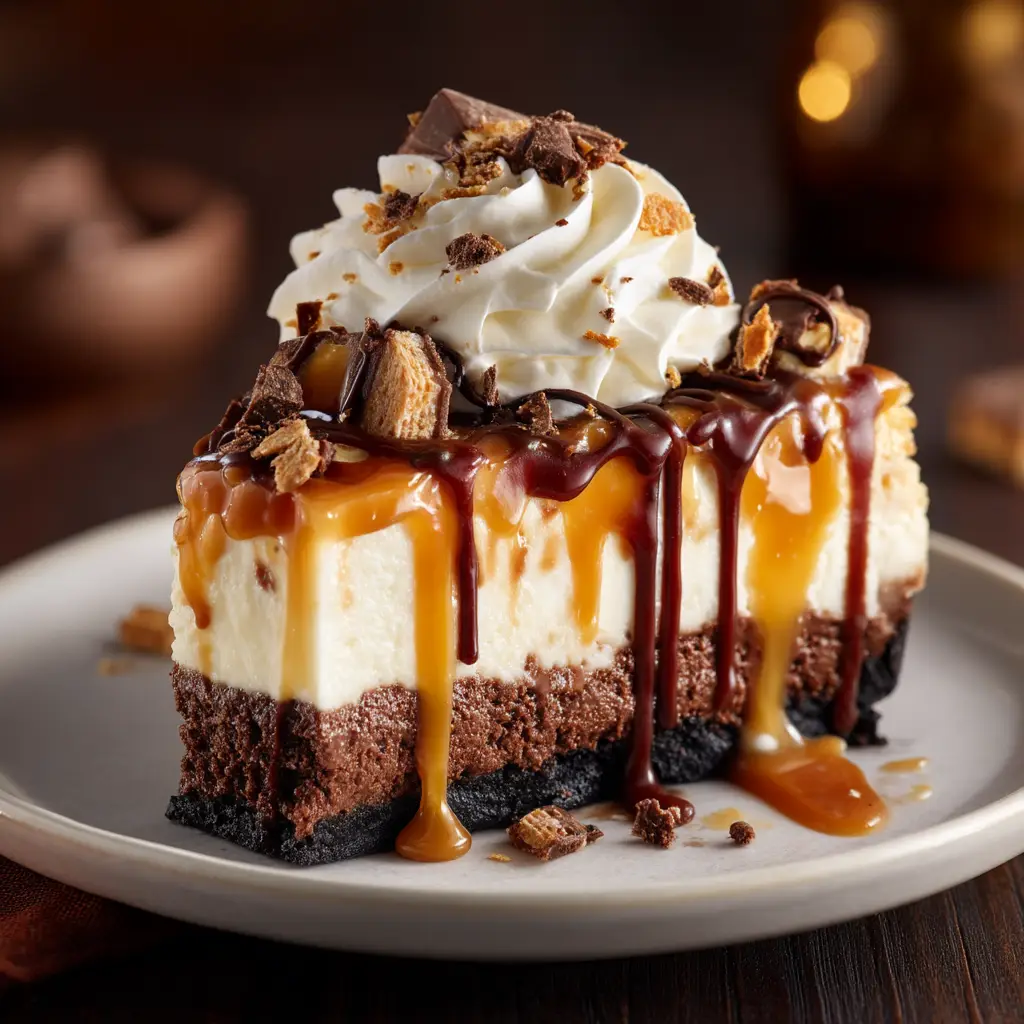 Caramel Brownie Cheesecake: The Ultimate Decadent Dessert 1 A close-up shot of the caramel brownie cheesecake layers, emphasizing the fudgy brownie base and the ultra-creamy cheesecake filling.