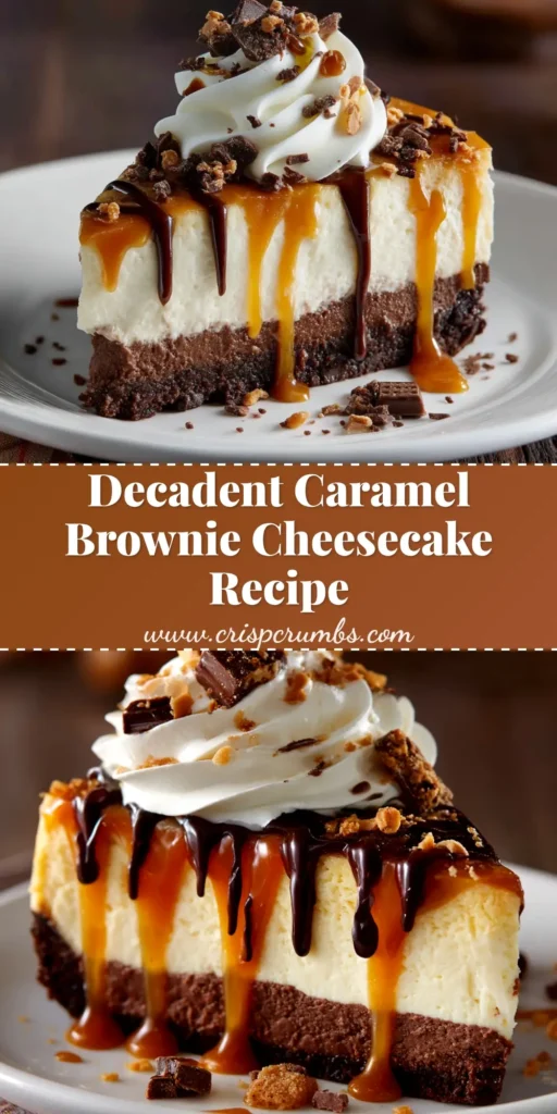 Caramel Brownie Cheesecake: The Ultimate Decadent Dessert 3 A decadent slice of caramel brownie cheesecake on a white plate, showing the distinct layers of fudgy brownie, creamy cheesecake, gooey caramel, and rich chocolate ganache.